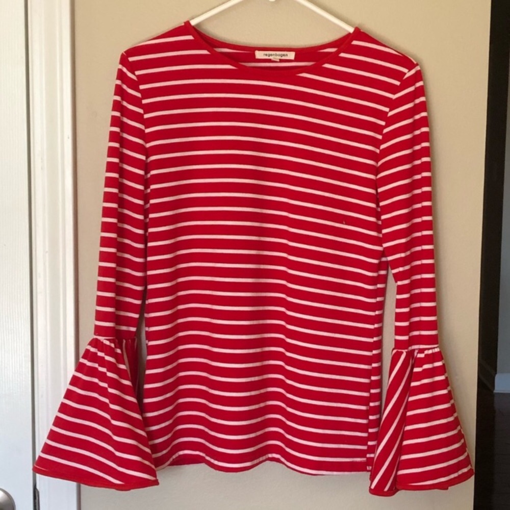 New! Bell Sleeve Red White Stripe Blouse - Picture 2 of 8